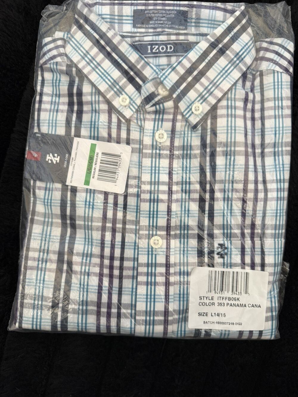 Boys Izod Blue Plaid LS Dress Shirt Sz L 14-16